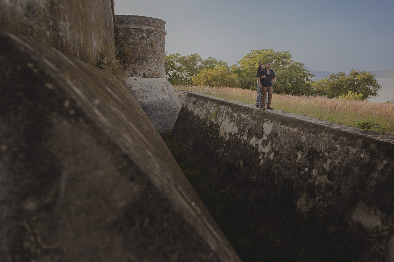 Romantic couple embracing at Isla de Mezcala in Mexico during a pre-wedding session