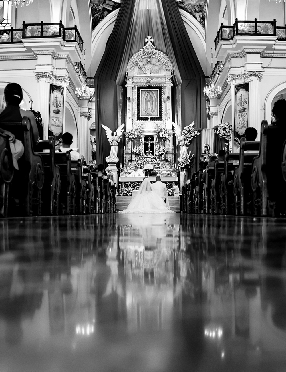 Canadian couple wedding ceremony at Our Lady of Guadalupe Church in Puerto Vallarta, black and white cinematic photo